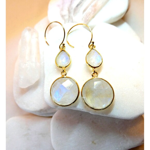 Rainbow Moonstone Gold Fill Earrings Dangle Drop Moon Goddess Healing - Picture 1 of 6